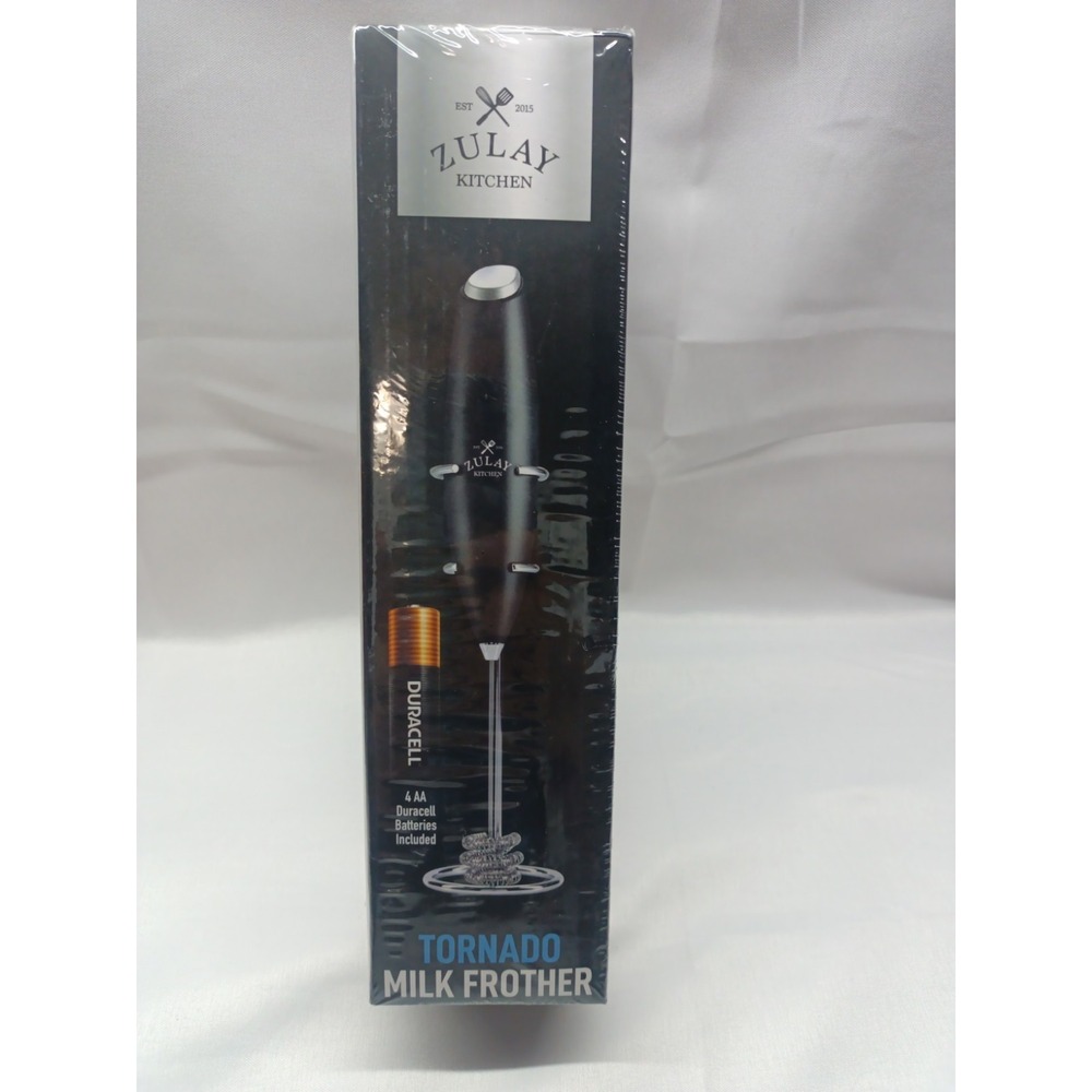 Zulay Kitchen Tornado Milk Frother Black w/ Stand + 4 Duracell AAs New Sealed
